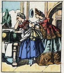 Illustration zu Charles Perraults Märchen „Aschenputtel oder Der kleine Glasschuh“. Holzstich von Imaging Pellerin - Epinal, sd. Ende des 19. Jahrhunderts.