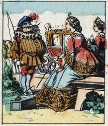 Illustration zu Charles Perraults Märchen „Aschenputtel oder Der kleine Glasschuh“. Holzstich von Imaging Pellerin - Epinal, sd. Ende des 19. Jahrhunderts.