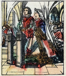 Illustration zu Charles Perraults Märchen „Aschenputtel oder Der kleine Glasschuh“. Holzstich von Imaging Pellerin - Epinal, sp. 19. Jahrhundert.