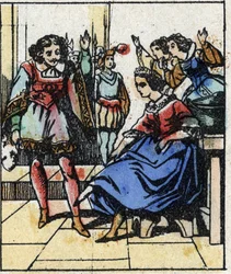 Illustration des Märchens „Aschenputtel oder Der kleine Glasschuh“ von Charles Perrault. Holzstich aus Imaging Pellerin - Epinal, sp. 19. Jahrhundert.