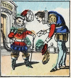 Illustration zu Charles Perraults Märchen „Der gestiefelte Kater“. Holzstich von Imaging Pellerin - Epinal, sd. Ende des 19. Jahrhunderts.