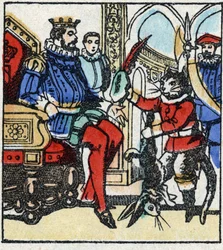 Illustration der Geschichte „Der gestiefelte Kater“ von Charles Perrault. Holzstich aus Imaging Pellerin - Epinal, sp. 19. Jahrhundert.