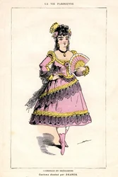 Illustration von „La Vie Parisienne“, Stück und Oper (Opern-Food) von Jacques Offenbach auf ein Libretto von Ludovic Halevy und Henri (Henry) Meilhac, Buchausgabe der Illustree Buchhandlung 1875 - Gabrielle in Bresilienne: Kostüm gezeichnet von Draner (183