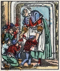 Illustration zu dem Märchen „Der kleine Däumling“ von Charles Perrault. Holzstich von Imaging Pellerin - Epinal, sd. Ende des 19. Jahrhunderts.