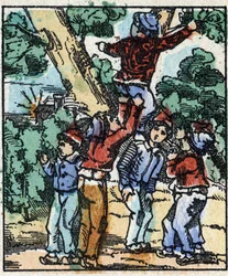 Illustration des Märchens „Der kleine Däumling“ von Charles Perrault. Holzschnitt von Imaging Pellerin - Epinal, sp. Ende des 19. Jahrhunderts.