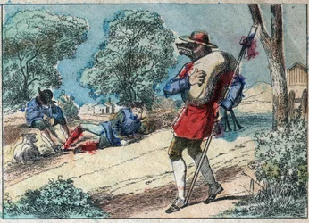 Illustration der Fabel von Jean de La Fontaine (1621-1695): Der Wolf wurde ein Schäfer. Epinal-Bild Ende des 19. Jahrhunderts.