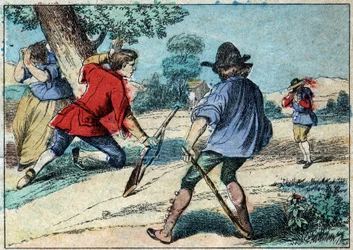 Illustration der Fabel von Jean de La Fontaine: Der Wolf wurde ein Schäfer. Epinal-Bildgebung Ende des 19. Jahrhunderts.