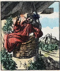 Illustration des Märchens „Raminagrobis und die Mäuse“. Holzgravur von Imagery Pellerin - Epinal, sp. 19. Jahrhundert.