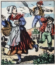 Illustration der Geschichte „Die Gabel des Teufels“. Holzstich aus Imaging Pellerin - Epinal, sp. 19. Jahrhundert.