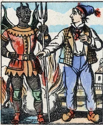 Illustration des Märchens „Die Gabel des Teufels“. Holzschnitt von Imaging Pellerin - Epinal, sp. Ende des 19. Jahrhunderts