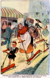 In der Zukunft, das Leben nimmt an Intensität und Geschwindigkeit zu, jeder wird zu seinem Geschäft auf einem Roller gehen. 1919 (Gravur)