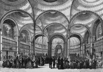 Einweihung des neuen Lesesaals der Kaiserlichen Bibliothek von Paris am 13. Juni 1868, erbaut von Architekt Pierre Francois Henri Labrouste (1801-1875). Gravur in „Le Monde Illustré“ Nr. 585 vom 27. Juni 1868.