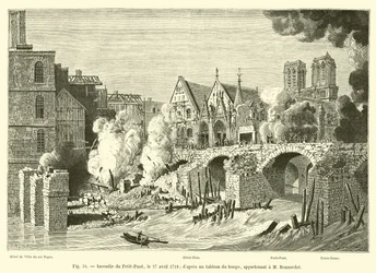 Brand der Petit-Pont, am 27. April 1718, nach einem zeitgenössischen Gemälde im Besitz von M. Bonnardot