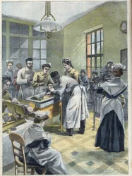 Säuglinge im Depot des Enfants Assistés in der Rue Denfert-Rochereau in Paris, in einem Brutkasten untergebracht. Die Ärzte und Krankenschwestern kümmern sich um Frühgeborene oder geschwächte Babys, in „Le Petit Parisien“.