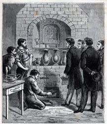 Installation des Pyrometers durch Alexandre Brongniart (1770-1847), französischer Wissenschaftler in der Manufaktur von Sèvres - Gravur in „Sciences mises à la portée de tous - Physik und Chemie“ von Alexis Clerc - Ende des 19. Jahrhunderts