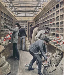 Innenraum eines französischen Eisenbahn-Postwagens zur Zeit des französischen Poststreiks 1909, Illustration aus Le Petit Journal, 28. März 1909