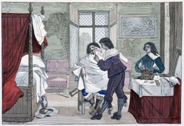Innenraum des Hauses eines Barbiers im 17. Jahrhundert - in „Paris durch die Jahrhunderte“