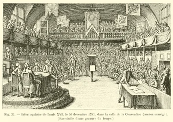 Verhör von Ludwig XVI. am 26. Dezember 1792 im Sitzungssaal der Konvention, ehemaliger Reitstall, Faksimile einer zeitgenössischen Gravur