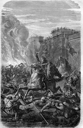 Invasion und Plünderung Roms durch Alarich I., König der Westgoten im Jahr 410. Gravur in „Histoire des Papes-Rois-Queen and Empereurs à travers les siècles“ von Maurice Lachatre