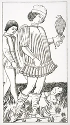 Italienischer Edelmann mit einem Falken, nach einer Spielkarte, auf Kupfer graviert, ca. 1460, aus 