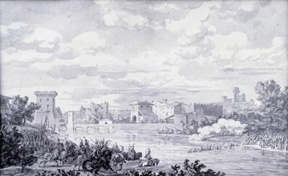 Italienische Landschaft: die französische Armee überquerte den Fluss Mincio bei Borghetto im Jahr 1796. Anonyme Zeichnung. Paris, Louvre Museum