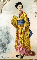 Japanische Frau. Edition der Pariser Lithographie, Ende des 19. Jahrhunderts. Serie von 25 Werbechromos für die Dijon-Herstellung von Biscuits Pernot, gegründet 1869. Detail der Figuren in traditioneller Tracht