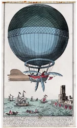 Jean Pierre Blanchard (1753 - 1809) und John Jefferies (1745 - 1819) kommen nach der Überquerung des Ärmelkanals in einem Heißluftballon am 7. Januar in Calais an