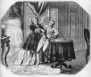 Jeanne Agnes Berthelot de Plemont, Marquise de Pré (1698-1727), zwingt ihren Liebhaber Louis Henry, Herzog von Bourbon und Prinz von Condé, alle ihre Bewunderer zu Rittern des Heiligen Geistes (Orden des Heiligen Geistes) zu ernennen. Gravur aus „Die Gesch