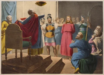 Jesus Christus vor Kaiphas, Illustration aus einem Katechismus L