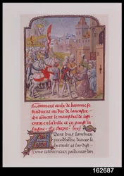 Johann von Gent wird von den Bürgern von Bayonne an den Stadttoren empfangen, aus Froissarts Chronik, spätes 15. Jahrhundert