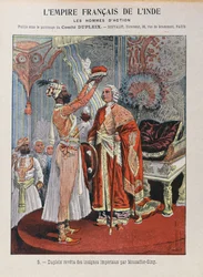 Joseph Francois Dupleix (1697-1763) erhält die kaiserlichen Insignien von einem indischen Herrscher, Umschlag eines Schulheftes um 1900