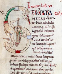 Gaukler und Musiker - Initiale S. Miniatur aus dem Manuskript "Moralia in Job", Morales sur Job von Saint Gregoire, aus der Abtei Citeaux