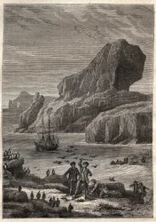 Kerguelen-Inseln. Illustration für Die großen Navigatoren des achtzehnten Jahrhunderts von Jules Verne - James Cook auf den Kerguelen-Inseln im Jahr 1776 (Archipel von Kerguelen oder Iles de la Desolation) - in „Die Reisenden des 18. und 19. Jahrhunderts -