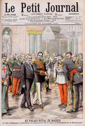 König Alfons XIII. von Spanien stellt seinen Hof Präsident Emile Loubet von Frankreich im Königspalast in Madrid vor. Im Königspalast von Madrid. Der König von Spanien Alfons XIII. stellt die Würdenträger des Hofes dem Präsidenten der Republik Loubet vor.