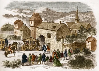 König Ludwig XIV. (1638-1715) besucht Melle de Fontanges (1661-1681) in Port Royal um 1680. Gravur in „Die Geschichte der Prostitution und Ausschweifung unter allen Völkern der Welt von der Antike bis zur Gegenwart“ von Dr. Th. -F. Debray. 1879