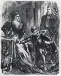 König Philipp II. (1527-1598) überrascht seinen Sohn, Prinz Don Carlos (1545-1568), als er versucht, seine Stiefmutter, Königin Elisabeth (1545-1568) (Elisabeth von Frankreich oder Isabelle von Valois), zu vergewaltigen, am 17. Januar