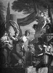 König Salomo umgeben von seinen Konkubinen, Gravur in „Die Geschichte der Prostitution und Ausschweifung“ von Dr. Th. -F. Debray, 1879