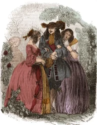 König von Frankreich Ludwig XIV. (1638-1715) mit Hortense Mancini (1646-1699) und seiner Schwester Marie Mancini (1639-1715). Nichten von Mazarin. Gravur aus dem 19. Jahrhundert.