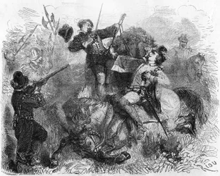 La Renaudie, ein Edelmann aus dem Limousin, kämpft für die Religionsfreiheit, getötet am 16. März 1559 während einer Schlacht. In „Histoire Populaire de la France“, ca. 1885. Gravur