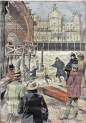 Die gefrorene Seine, nahe der für die Weltausstellung erbauten Eisenbrücke, neben der Pont des Invalides, Winter 1899. Gravur in „Le Pelerin“ 31/12/1899.