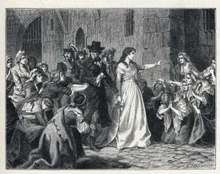 Die Schreckensherrschaft während der Französischen Revolution: Madame Jeanne Marie Roland de la Platière (1754-1793) verlässt das Gefängnis Concierge, um 1793 vor das Revolutionstribunal zu treten. Ihre Mitgefangenen knien auf ihrem Weg nieder.