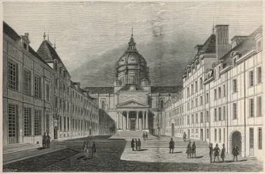 Der Hof der Sorbonne in Paris im 19. Jahrhundert - Gravur in „Tableau-de-Paris“ von Edmond Texier 1852.