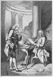 Der Rücktritt von Turgot 1776 - Ludwig XVI., König von Frankreich, und Anne Robert Jacques Turgot - Turgots Entlassung - Gravur aus „L