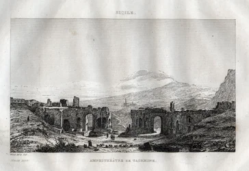 Das Amphitheater - Taormina - Sizilien - Gravur aus „Italien Picturesque - Historische und beschreibende Malerei von Italien“ von M. de Norvins, Ch. Nodier 1834-1836