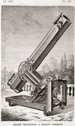 Großes silbernes Spiegelteleskop (Léon Foucault System), äquatorial montiert für das Observatorium von Marseille - in „Der Himmel“ von Amédée Guillemin, Hachette, Paris