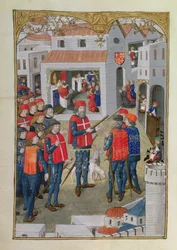Lat 6067 fol.33v Die Ritter des Johanniterordens bereiten sich auf die Verteidigung von Rhodos vor, aus A History of the Siege of Rhodes, von Guillaume Caoursin, 1483