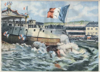 Stapellauf des Panzerschiffs République in Brest, Frankreich. Gravur in Le Petit Parisien