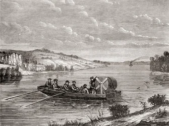 Verlegung eines Telegraphenkabels unter einem amerikanischen Fluss um 1860, aus Les Merveilles de la Science, veröffentlicht um 1870 (Stich)