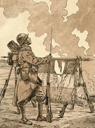 Le Bleuet. Symbol des Gedenkens und der Solidarität in Frankreich für Veteranen und Opfer des Ersten Weltkriegs. Französische Propaganda-Illustration aus dem Ersten Weltkrieg, die französische Siege durch die Jahrhunderte heraufbeschwört. Aus Agenda Buvard
