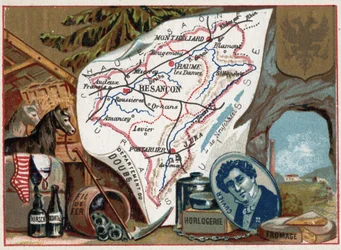 Le Doubs, Franche-Comté, Frankreich. Porträt von Georges Cuvier (1764-1832), französischer Paläontologe. Lokale Spezialität: Kirsch, Wermut, Uhrmacherei, Draht und Landwirtschaft. Serie über die französischen Departements. Chromolithographie, ca. 1920. Pri